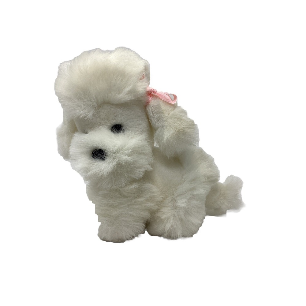 Vintage Art's Toy Poodle Dog Plush Stuffed Animal White Pink Bow 8 Inch